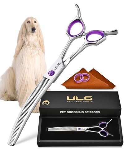 ULG 7.5” Dog Grooming Thinning Shears – 30° Curved Pet Thinning Scissors, Japanese 440C Stainless Steel, 60 V-Shaped Teeth, 25% Thinning Rate, Reversible Butterfly Handles, for Face, Nose, Eyes & Coat - size: Blender (25%)