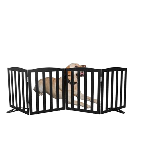 Freestanding Dog Gate Indoor,Doggie Gate Foldable Pet Gates for Doorways,Stairs or Hallways, Wooden Black Pet Gate for the House, Pet Fence with Support Feet Included,24 "Height-4 Panels - color: Black, size: 【4 Panels】80‘’w x 24''h