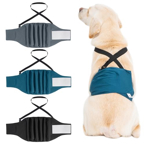 3 Pack Avont Male Dog Belly Band with Suspenders, Reusable Boy Doggie Diaper with Harness, Escape Proof, Non-Slip, Washable Doggy Pee Wraps for Small Medium Large Dogs - color: Black/ Dark Grey/ Navy Blue, size: L