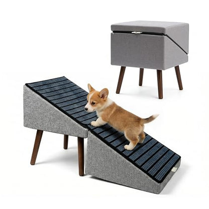 2-in-1 Dog Ramp and Stairs for Bed and Couch, 17 Inch High,Foldable Ottoman Ramp with Non-Slip Replaceable Carpet, Joint Relief for Small and Large Dogs - color: Gray