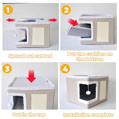 Cat Bed for Indoor Cats Cube House,Large Covered Cat Beds Cave & Furniture with Fluffy Ball and Scratch Pad Foldable Hideaway Nest & Condo with Washable Mat for Kitten Kitty Small Pet(Beige)