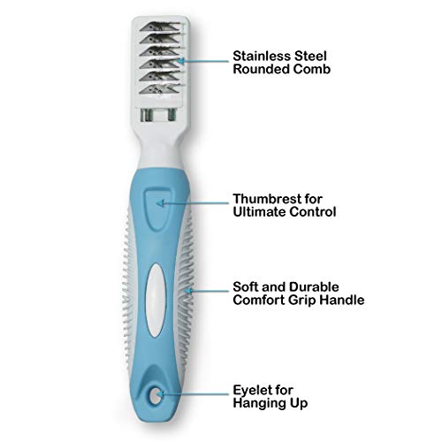 Pets First Professional Pet Mat Remover - Dematting Tool for Grooming Cats & Dogs - Removes Matted Fur, Tangles, Knots, Loose Hair & Dirt - Stainless Steel, Gentle Teeth, Soft Comfort Grip Handle,Blue