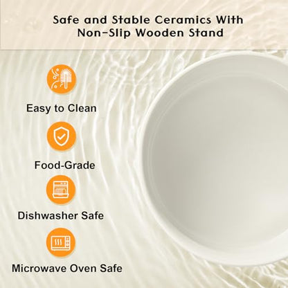 SPUNKYJUNKY Ceramic Elevated Dog Bowls 2 Pack - 5.1inch Raised Dog Bowls with Non-Slip Wooden Stand for Small Dogs Dishwasher Safe(White,13.5OZ*2) - color: White, size: Small - 1.7 CUPS*2