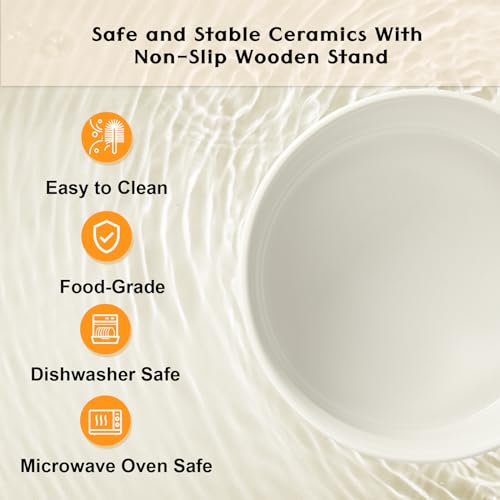 SPUNKYJUNKY Ceramic Elevated Dog Bowls 2 Pack - 6.1inch Raised Dog Bowls with Non-Slip Wooden Stand for Medium Dogs Dishwasher Safe(White,28.7OZ*2) - color: White, size: Medium - 3.6 CUPS*2