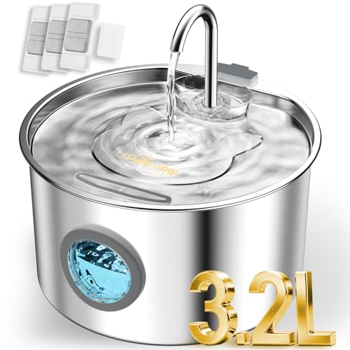 108oz/3.2L Stainless Steel Cat Water Fountain with Detachable Tank, Easy to Clean & Assemble, Pet Drinking Dispenser with Quiet Operation & LED Light, Gifts for Cats, Dogs and Small Pets