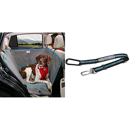 Kurgo Wander Dog Hammock Style Seat Cover, 27.5" Wide, Heather Charcoal Grey, Model:K01783 & Direct to seat Belt Tether for Dogs, Blue