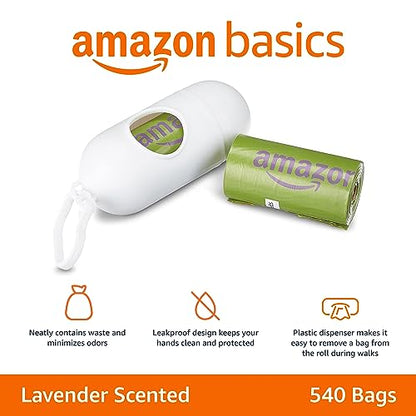 Amazon Basics Premium Leak Proof Dog Poop Bags with Dispenser and Leash Clip, Lavender Scented, 13" x 9", 540 Count (36 Rolls of 15) - style: 540 Bags
