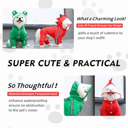 MANON ROSA Dog Raincoat Waterproof & Quick-Drying Puppy Rain Coat with Hood and Leash Hole Cute Hooded Rain Poncho Gear Clothes for Small Medium Large Dogs (Dinosaur,Large) - color: Dinosaur, size: Large