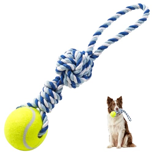 Interactive Tug of War Rope Toy for Medium & Small Dogs - Outdoor Tether Tug Toy with 1 Knot & Tennis Ball, Puppy Teething Chew Cotton Toy