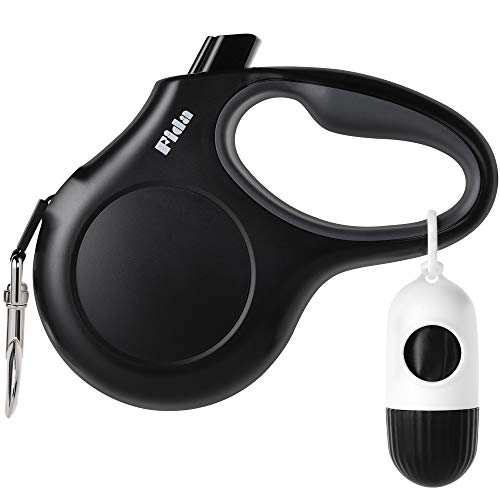 Fida Retractable Dog Leash with Dispenser and Poop Bags, 16 ft Pet Walking Leash for Small Dog or Cat up to 26 lbs, Anti-Slip Soft Handle, Tangle Free, Reflective Nylon Tape (S, Black) - color: Black, size: Small, 16ft