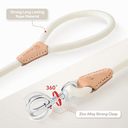 Mile High Life Dog Leash, Rope Leash with Genuine Leather Connection and Heavy Duty Metal Clasp, Great for Small Medium Large Dogs(Cream White,48 Inch) - color: Rope Handle-Cream White, size: 48 Inch-1/2"