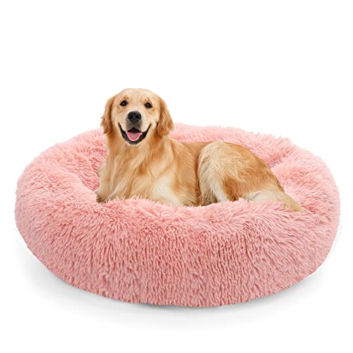 NOYAL Calming Donut Dog Bed for Small to Medium Dogs & Cats - Plush Faux Fur Anti-Anxiety Pet Bed with Machine Washable Cover & Non-Slip Base - color: Pink, size: Medium 23.6''
