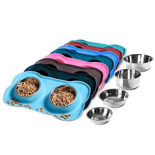 Hubulk Pet Dog Bowls 2 Stainless Steel Dog Bowl with No Spill Non-Skid Silicone Mat + Pet Food Scoop Water and Food Feeder Bowls for Feeding Small Medium Large Dogs Cats Puppies (Medium, Turquoise) - color: Turquoise, size: Medium