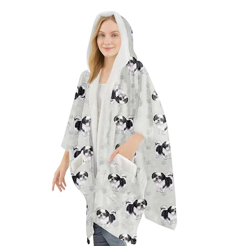 E&S Pets Sherpa Wearable Blanket Hoodie for Women – Soft Fleece Snuggs Wrap – 32 Dog & Cat Breeds – Warm Pet Lover Gifts - color: Shih Tzu Black N White