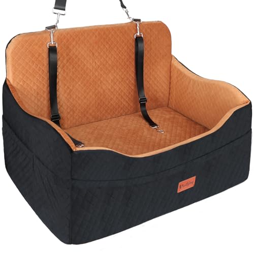 Vivifying Dog Car Seat for Back Seat, Booster Travel Bed for Medium Large Dogs or 2 Small Dogs, 4" Raised Foam Cushion, Safety Leash & Washable Cover, Soft Dog Booster Seat for Cars, Trucks & SUVs