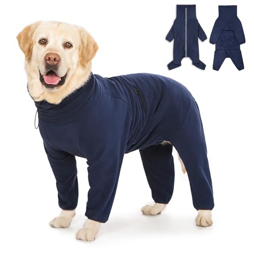 Dog Winter Coat for Large Medium Small Dogs, Warm Fleece High Collar Full Body Dog Jumpsuit Comfortable Onesie Apparel (Dark Blue, 6X-Large) - color: Dark Blue, size: 6XL(Reference Weight 85-100 lbs)