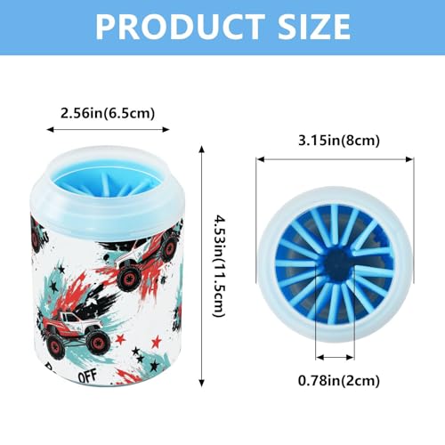 Monster Truck White Print Dog Paw Cleaner Cup with Soft Silicone Brush, Portable Lightweight Small Muddy Paw Washer for Dogs, Easy to Use Pet Foot Cleaner