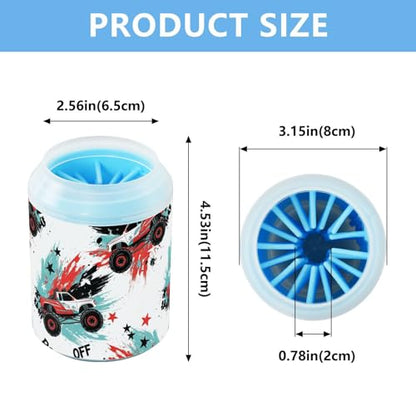 Monster Truck White Print Dog Paw Cleaner Cup with Soft Silicone Brush, Portable Lightweight Small Muddy Paw Washer for Dogs, Easy to Use Pet Foot Cleaner