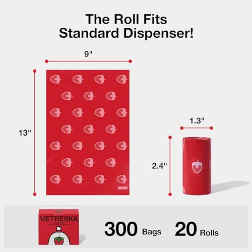 VETRESKA Strawberry Scented Dog Poop Bags, Leak Proof, Extra Thick and Large Pet Waste Bags for Dogs Walking and Cat Litter, 20 Refill Rolls, 300 Bags, Red - size: 1 Count (Pack of 300), style: Strawberry