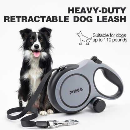 PINA Upgraded Retractable Dog Leash, 26 ft Dog Leash for Small Medium Large Dogs Up to 110lbs, Heavy Duty Reflective Nylon Tape 360° Tangle-Free, with Anti-Slip Handle, One-Handed Brake, Pause, Lock - color: Grey