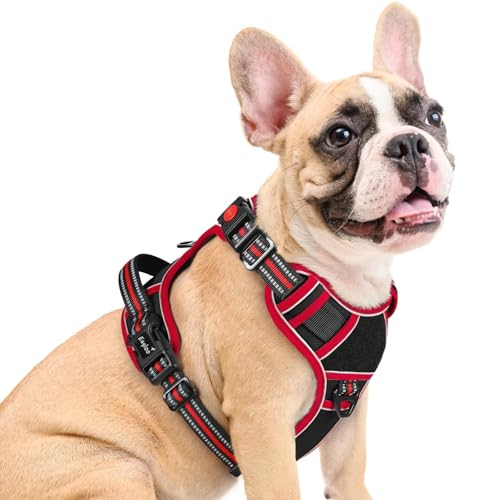 Eagloo Dog Harness Medium Sized, Easy Wearing with 3 Buckles, Adjustable No Pull Pet Harness with 2 Rings for Walking, No Chock Reflective Soft Padded Vest with Control Handle, Black & Red, M - color: Black & Red, size: Medium
