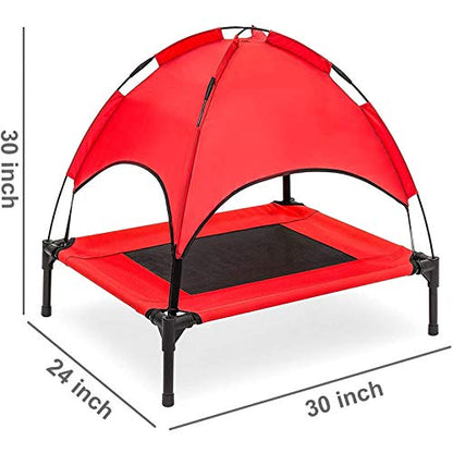 Elevated Dog Bed with Removable Canopy w/Convenient Carrying Bag Indoor Shade 1680D Portable Raised Oxford Fabric Outdoor Cooling Dog Cot Cat Bed Pet Tent for Camping (30", Red)