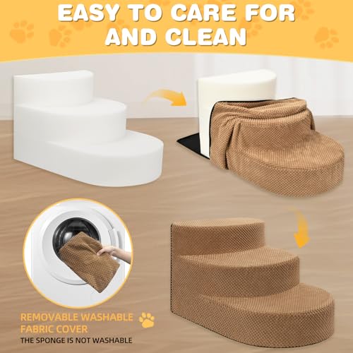Dog Stairs 3 Steps Foam Pet Ramp for Small Dogs Cats, Khaki | Non-slip foam stairs with washable cover, ideal for beds & sofas. Sturdy, safe & easy to clean. - color: Khaki-3-Step