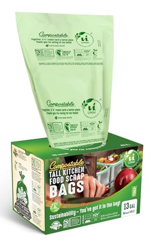 UNNI Compostable Trash Bags, 13 Gallon / 49.2 Liter, 200 Count Value Pack, Extra Thick 0.9 Mil Tall Kitchen Food Scrap Bin Liners, Certified by BPI, CMA & OK compost HOME, Meets ASTM D6400 Standard - size: 200 Count (Pack of 1), style: 13 Gallon