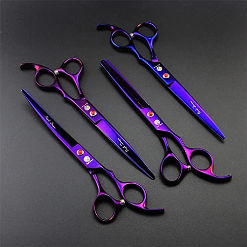 Purple Dragon Professional 7.0 inch 4PCS Pet Grooming Scissors Kit Japan Premium Steel Straight & Curved & Thinning Blade Dog Hair Cutting Shears Set with Case - color: Electroplating Purple