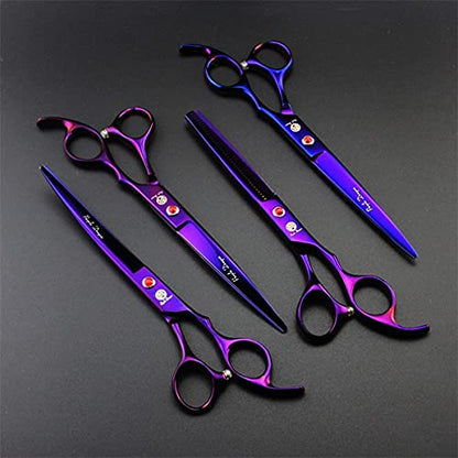 Purple Dragon Professional 7.0 inch 4PCS Pet Grooming Scissors Kit Japan Premium Steel Straight & Curved & Thinning Blade Dog Hair Cutting Shears Set with Case - color: Electroplating Purple