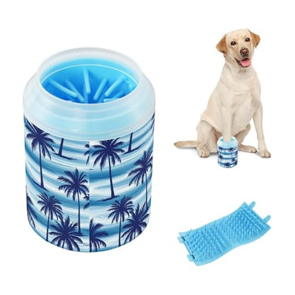 Tropical Palm Ocean Blue Print Dog Paw Cleaner Cup with Soft Silicone Brush, Small Lightweight Portable Muddy Paw Washer for Dogs, Easy to Use Pet Foot Cleaner