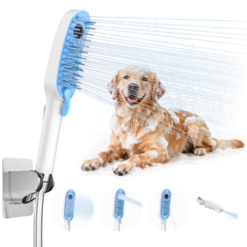 4 Mode Dog Shower Attachment, High Pressure Handheld Sprayer with ON/OFF Switch, 78 Inches Stainless Steel Hose, Diverter, Adhesive Holder, for Indoor/Outdoor Dog Bathing and Cleaning