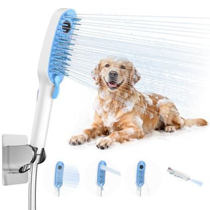 4 Mode Dog Shower Attachment, High Pressure Handheld Sprayer with ON/OFF Switch, 78 Inches Stainless Steel Hose, Diverter, Adhesive Holder, for Indoor/Outdoor Dog Bathing and Cleaning