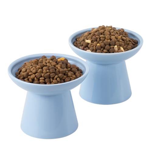 CEEFU Extra Wide Elevated Ceramic Cat Bowl, 6.2" Shallow Dish for Whisker Fatigue Relief, 5" Height for Easy Feeding, Durable Raised 2 Cat Food Bowls, Blue - color: Baby Blue-2 Food Bowl