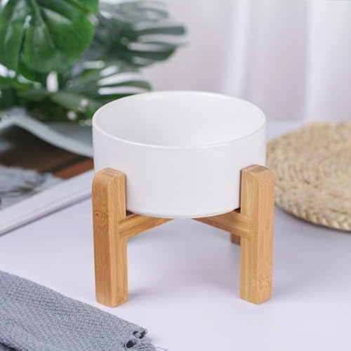 Ceramic Elevated Raised Cat Bowl with Wood Stand No Spill Pet Food Water Feeder Cats Small Dogs - color: White, size: Medium