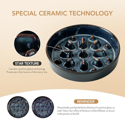 Havniva 1.6 Cup Elevated Slow Feeder Dog Bowls, 8.2” Dog Slow Feeding Bowls + 7.3” Ceramic Dog Water Bowls Set with Acacia Wood Stand Dog Food Bowls Puzzle Feeder for Medium Dogs Non-Slip Anti-choking - color: 2 x Starry Sky + Stand - C, size: L- 8.2inch