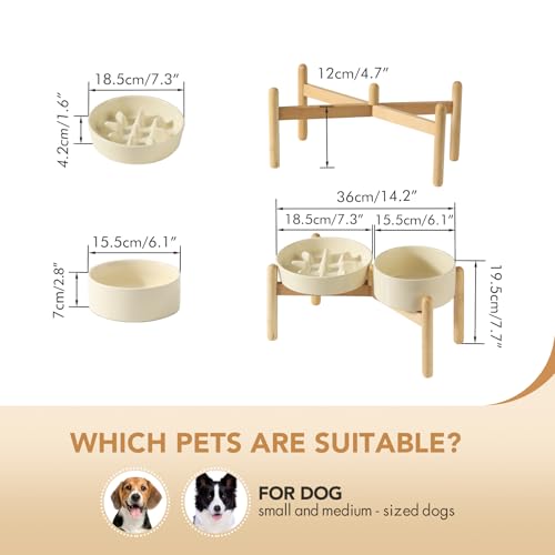 Havniva 7.3” Raised Slow Feeder Dog Bowls Set, 1.2 Cups Ceramic Slow Feeder Dog Bowl and 6.1” Dog Water Bowl with Elevated Wooden Stand Puzzle Dog Food Bowl for Small Dogs Anti-Gulping & Anti-Choking - color: 2 x Light Yellow+Stand-C, size: 7.3inch