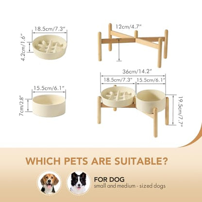 Havniva 7.3” Raised Slow Feeder Dog Bowls Set, 1.2 Cups Ceramic Slow Feeder Dog Bowl and 6.1” Dog Water Bowl with Elevated Wooden Stand Puzzle Dog Food Bowl for Small Dogs Anti-Gulping & Anti-Choking - color: 2 x Light Yellow+Stand-C, size: 7.3inch