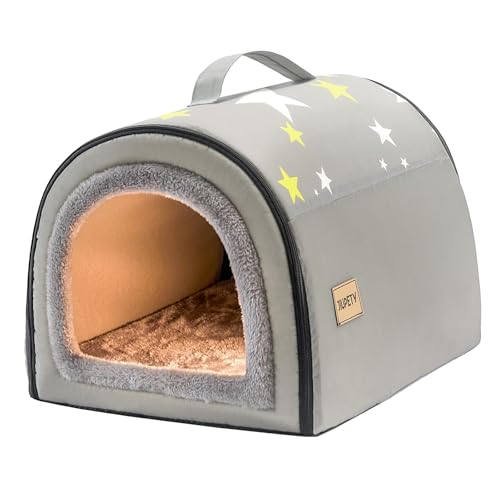 Jiupety Cozy Small Pet Dog House, 2 in 1 Puppy House, S Size for Cat and Puppy, Warm Cave Sleeping Nest for Cats and Dogs, S(14"×12"×11"), Up to 5 Lb, Grey - style: S