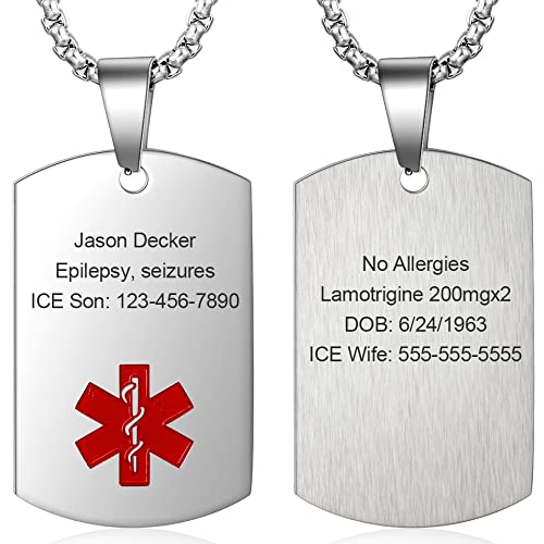 Wendy Made Medical Alert Necklace for Men & Women - Custom Engraved Stainless Steel Medical ID Pendant, Free Personalized Engraving, Emergency Life Alert Tag for Allergies & Conditions - color: Silver