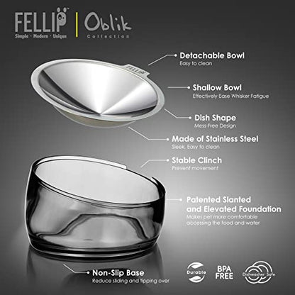 Felli Oblik Elevated Cat Bowl Removable Stainless Steel Wide Dish for Dry Wet Food Feeding & Dishwasher Clean, Slanted Whisker Fatigue Friendly Metal Plate (Smoky, 0.5 Cups Shallow Dish) - color: Smoky, size: 0.5 Cups Shallow Dish