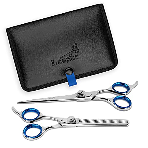 Laazar Pet Grooming Set - 7" Straight Pet Grooming Scissors & 6.5" Pet Thinning Shears with 42 Teeth | Professional Dog Scissors Kit | Use as Cat and Dog Shears - size: 7 Inch