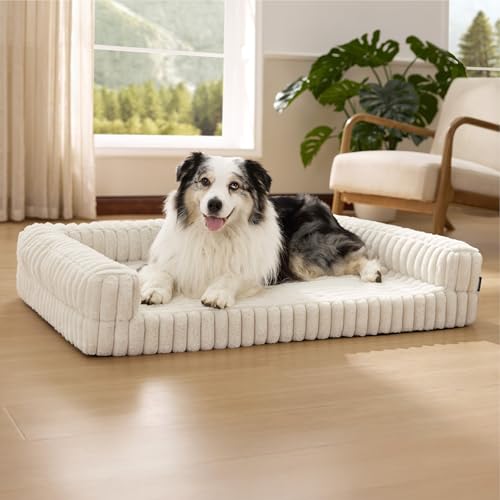 Bedsure ComfyFleece™ Orthopedic Dog Beds for Extra Large Dogs, Waterproof Memory Foam XL Pet Bed with Sides, Non-Slip and Egg-Crate Foam Big Dog Couch Sofa with Washable Corduroy Cover, Cream - color: Cream, size: 42.0"l X 30.0"w X 7"th