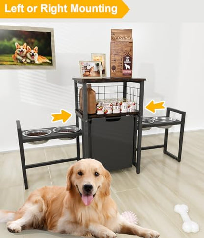 30.6Long x 26.2 High Elevated Dog Bowl Stand with Pet Food Storage Organizer, Adjustable Raised Feeding Station with Toy Basket for Large Medium Small Dogs and Cats, Black - color: Black