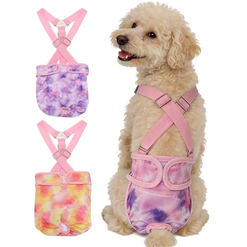 Washable Female Dog Diapers with Suspender, Reusable Dog Diapers Absorbent Leakproof(Tie-Dye Orange Yellow/Tie-Dye Purple XL, 2Pcs), Intended for Female in Heat Cycle - color: Tie-Dye Orange Yellow/Tie-Dye Purple, size: XL