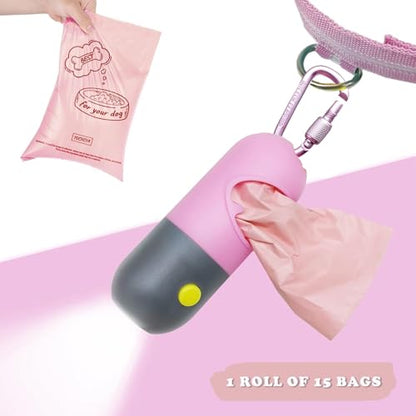 Dog Poop Bag Holder with LED Flashlight for Night Walks,Silicone Tether & Donut Pattern Clip for Used Bags, Hands-Free Metal Leash Carabiner, Includes 15 Scented Waste Bags(Pink) - color: Pink