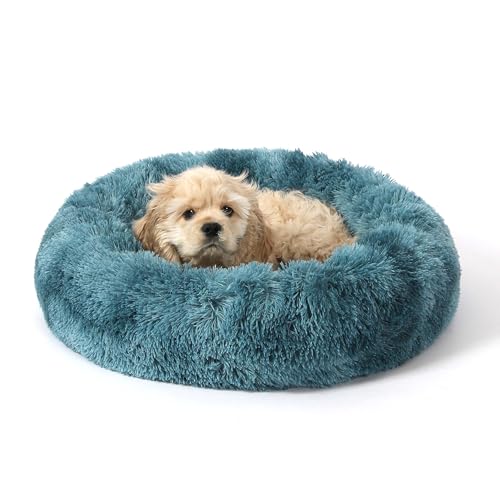 NOYAL Calming Donut Dog Bed for Small to Medium Dogs & Cats - Plush Faux Fur Anti-Anxiety Pet Bed with Machine Washable Cover & Non-Slip Base - color: Gradient Blue, size: X-Small 15.7''