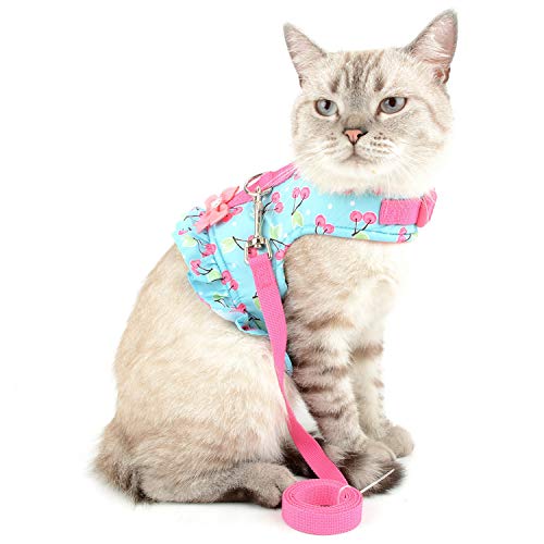 Zunea No Pull Small Dog Girl Harness Dress Escape Proof Cat Kitten Vest Harness Leash Set Step-in Soft Cotton Padded Cherry Printed Jacket Chihuahua Puppy Clothes with Bow for Walking Blue S - color: blue cherry, size: S (Chest:14.5-15.7", Neck:9-9.8")