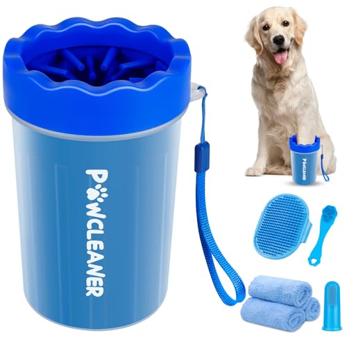 Professional 7 in 1 Dog Paw Cleaner for Dogs - Includes 1 Portable Paw Washer, 1 Bath Brush, 2 Dog Toothbrushes and 3 Absorbent Towels Note: Fits Paws 1.5 to 2.5 Inches Wide (Medium, Navy Blue) - color: Navy Blue, size: Medium