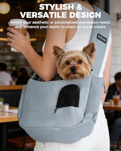 Lightweight Pet Sling Carrier for Small Dogs up to 7 lb, Grey | Stylish, Versatile, Soft Dog Sling Carrier with Safety Buckle and Breathable Anti-Scratch Mesh for Travel